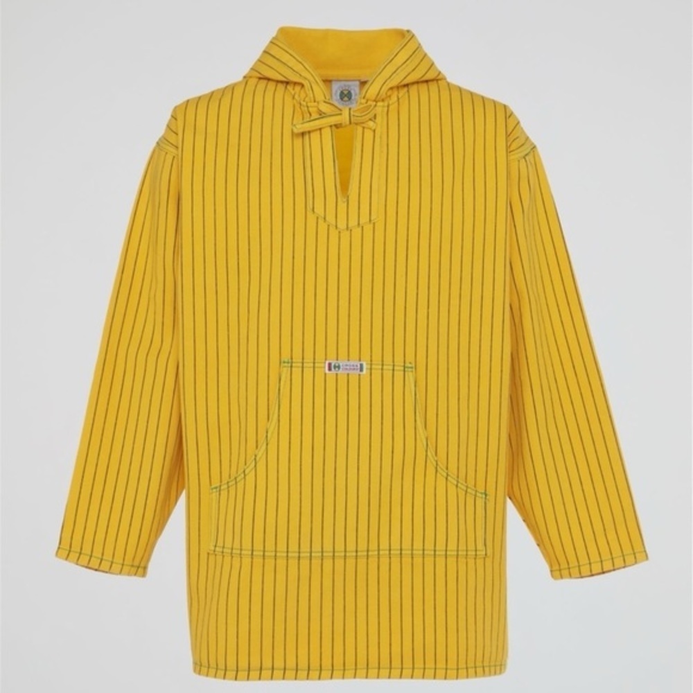 Cross Colours Yellow Black Pinstripe Twill Hooded Denim Poncho Baja Jacket - Picture 3 of 17